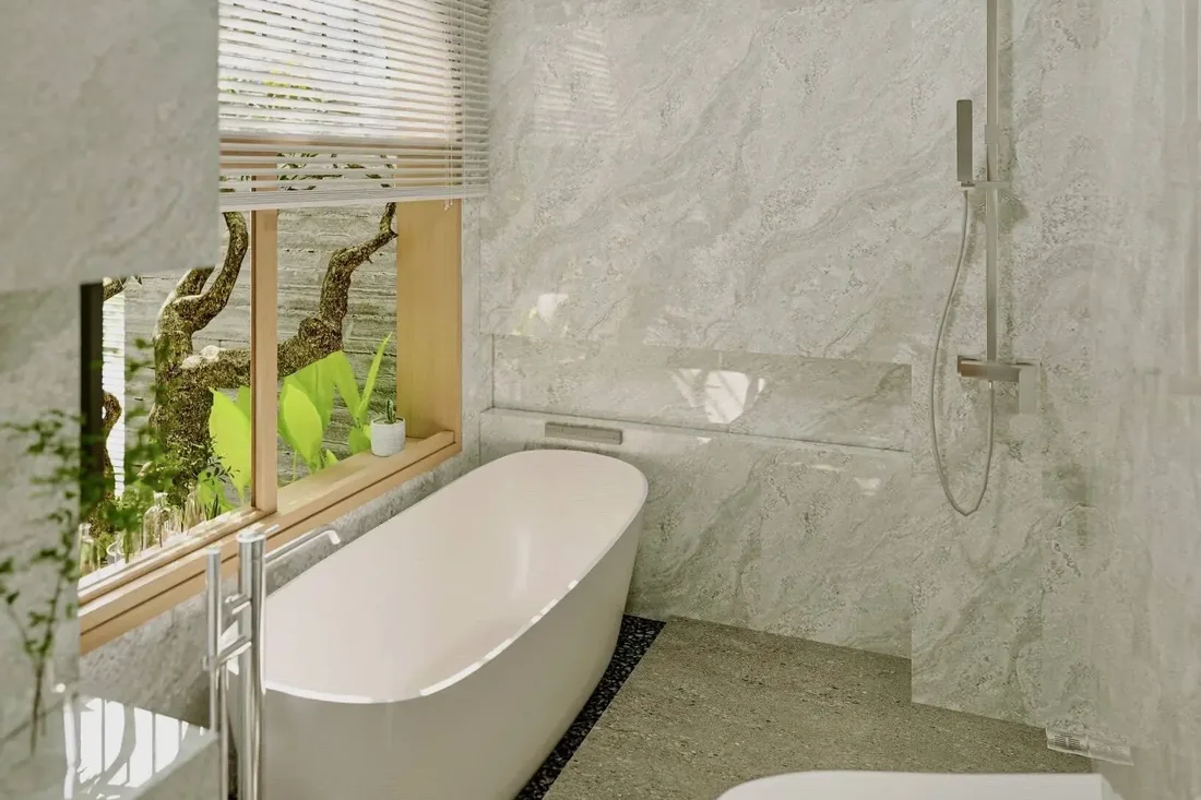 Phòng tắm ốp đá trắng vân mây kết hợp ô cửa lấy sáng và cây xanh
